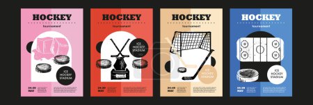 Template Sport Layout Design, ice hockey. Hockey league tournament poster vector illustration. Hand drawn engraving illustration ice, award, gates, arena  hockey pitch background.