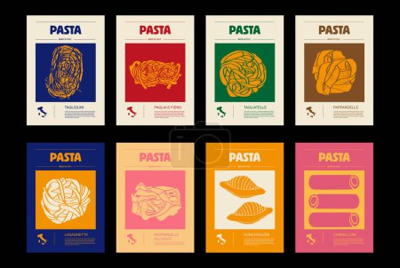 Téléchargez les illustrations : Types de macaronis italiens, étiquettes pour les paquets ensemble. Pâtes Fusilli Bucati Corti. Produit bio et naturel, ingrédient gourmand pour cuisiner les plats. Fait main et savoureux. Vecteur en style plat - en licence libre de droit