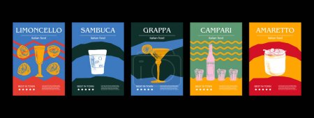 Ilustración de vectores de bebidas italianas. Grabado limoncello, sambuca, grappa, campari, paquete amaretto de platos tradicionales, casero 