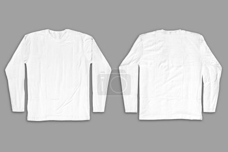 Téléchargez les photos : Blanc blanc blanc T-shirt manches longues gabarit sur fond gris - en image libre de droit