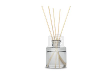 Photo for Blank Transparent aromatic reed diffuser bottle mockup with empty label. Home fragrance with liquid perfume and wooden sticks. 3d rendering. - Royalty Free Image