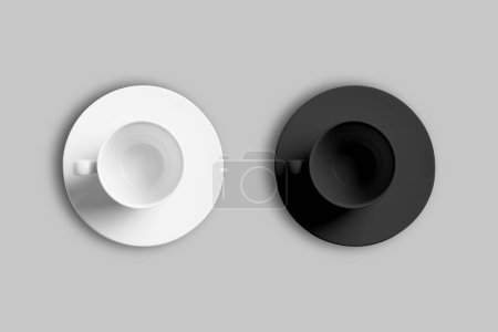 Téléchargez les photos : Blank Tasses à café ou à thé noir et blanc modèle isolé sur fond gris. Rendu 3d. - en image libre de droit