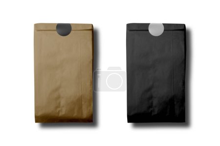 Photo for Kraft and black paper bags with stickers mockup isolated on white background. Blank Craft Brown Paper Bag Packaging For coffee beans, dry fruits and other food items. 3d rendering. eco friendly concept - Royalty Free Image