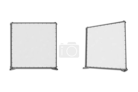 Photo for White blank advertising press wall with fabric banner mockup template. Blank canvas banner for advertising and exhibition. Front and side view. 3d rendering. - Royalty Free Image