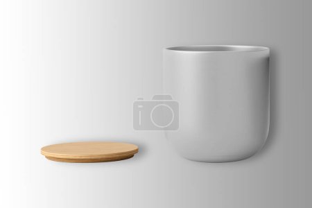 Photo for Empty blank grey matte candle with box and wooden lid, mock up template isolated on  grey background. Minimalistic box packaging and candle. 3d rendering. - Royalty Free Image