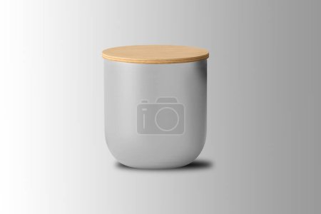 Photo for Empty blank grey matte candle with box and wooden lid, mock up template isolated on grey background. Minimalistic box packaging and candle. 3d rendering. - Royalty Free Image