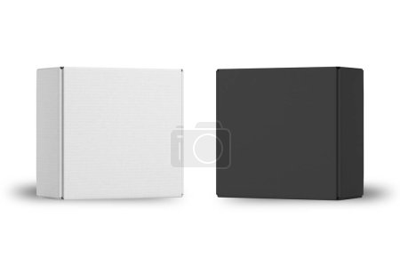 Téléchargez les photos : Boîtes de livraison en carton texturé blanc et noir, rendu 3d. vue latérale. - en image libre de droit