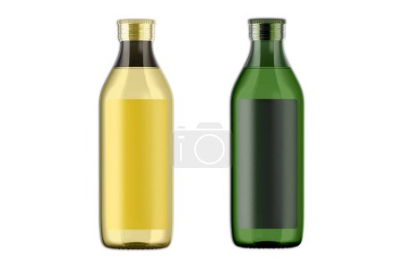 Foto de Botellas de aceite de vidrio maqueta aislada sobre fondo blanco. renderizado 3d. - Imagen libre de derechos