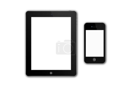 Foto de Tableta y teléfono móvil con pantallas en blanco sobre fondo blanco - Imagen libre de derechos