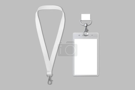 Porte-carte d'identité avec modèle de cordon de couleur blanche isolé sur un fond gris. Rendu 3d.