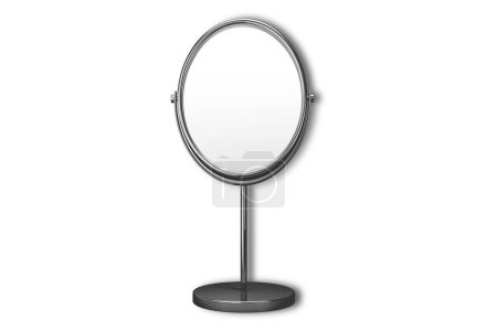 Small makeup mirror in oval frame on stand. Modern cosmetic equipment with silver metal border isolated. Glossy reflective glass for making visage and beauty care procedure.3d rendering.