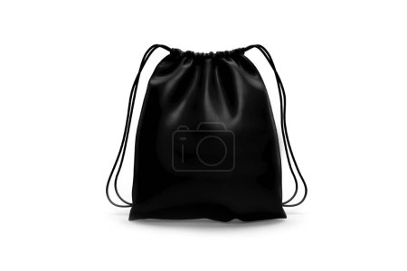 Black shoe or sport bag mockup isolated on white background. 3d rendering.Sport drawstring backpack, gym sack. Cinch tote bag black front and side view. Knapsack, schoolbag, rucksack with ropes.