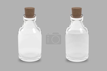 Transparente Glasflasche mit Korken und Reflexion-Attrappe isoliert auf weißem Hintergrund. 3D-Darstellung. kann als medizinische Flasche oder Alkoholflasche verwendet werden.