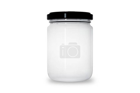 Foto de Tarro de vidrio con tapa negra maqueta aislada sobre fondo blanco. Tarro de miel o mermelada. renderizado 3d. - Imagen libre de derechos