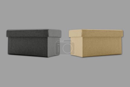 Téléchargez les photos : Modèle de boîte en papier texturé en liège de couleur noire et marron isolé. chaussures boîte conteneur modèle de maquette. - en image libre de droit