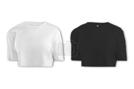 Foto de Overfit Cropped camiseta plantilla de moda. Mujer Crop T-Shirt, Crop Top moda CAD maqueta, frente, blanco y negro color.3d representación. - Imagen libre de derechos