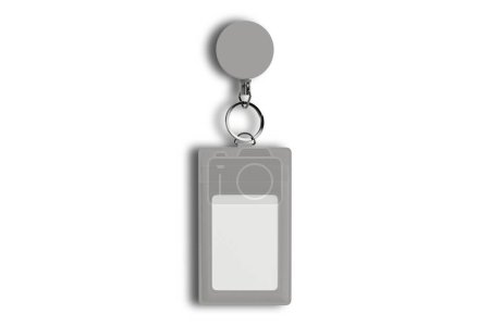 Blank badge mockup isolated on white background. Top view, Id card. Blank plastic access card, name tag holder with pin, corporate card key, 3d rendering.