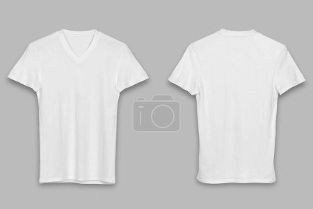 Téléchargez les photos : Modèle de t-shirt col V blanc noir. T-shirt manches courtes réaliste, isolé sur un fond gris. Côtés avant et arrière. Rendement 3d. - en image libre de droit