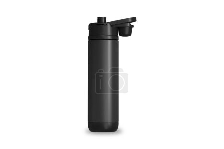 Photo for Black Thermo bottle. Metal water thermo flask mockup. Travel thermos for hot or cold tea, water. Realistic thermal container template design. 3d rendering. - Royalty Free Image