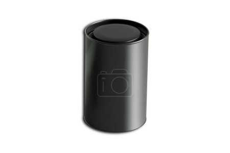Foto de Realista 3d negro en blanco de metal cilíndrico té lata de café puede contenedor con tapa de primer plano aislado sobre fondo blanco. Plantilla de diseño para gráficos. renderizado 3d. - Imagen libre de derechos
