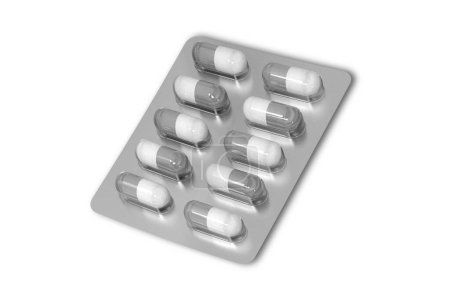 Foto de Cápsulas de píldoras médicas bicolor en blister aislado sobre fondo blanco.. - Imagen libre de derechos