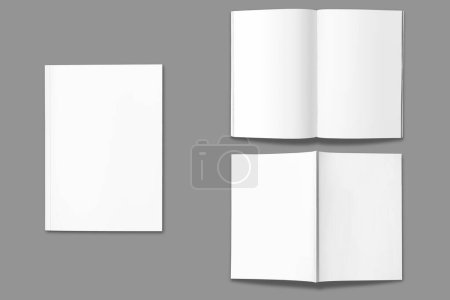 Leere Blanko-Hochglanzmagazine offen und geschlossen Attrappe isoliert. 3D-Darstellung. fertig für das Cover und die Verbreitung des Magazindesigns. Vorder- und Rückseite, Innenseiten-Design.