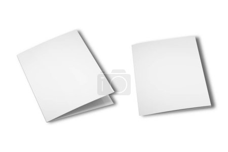 Mockup des Booklets oder der Broschüre mit offenen leeren Seiten. DIN A4 halb gefaltet. 2xA5 Prospekt geöffnet und geschlossen.Faltprospekt-Attrappe. Weißer Einband von Flyer-Booklet oder Faltblatt. 3D-Rendering.