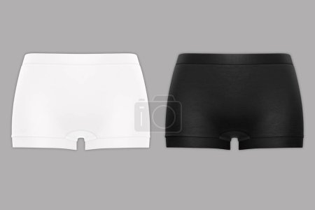 Black and white Classic boyshorts technical fashion illustration. boyshorts panty fashion flat technical drawing template. Elasticated waistband, women's Underwear, panty. front view. 3d rendering.
