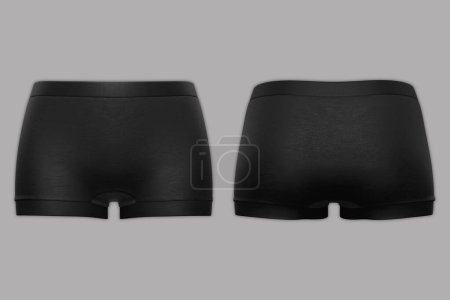 Black Classic boyshorts technical fashion illustration. boyshorts panty fashion flat technical drawing template. Elasticated waistband, women's Underwear, panty. front and back view. 3d rendering.