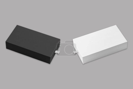 Blanco y negro en blanco Rigid Sleeve box die cut maqueta de plantilla. Caja de cartón de cajón deslizante en blanco con lengüeta de extracción para presentación de marca, renderizado 3D.