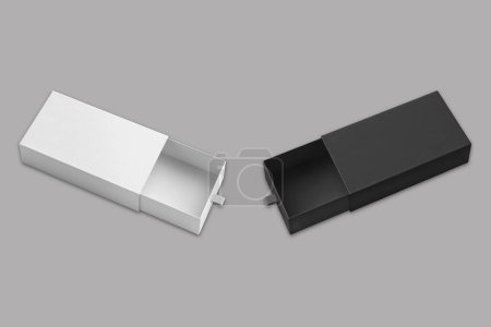 Blanke schwarz-weiße Rigid Sleeve Box Stempelschnitt Vorlage. Leere Schublade-Pappschachtel mit Zuglasche für Branding-Präsentation, 3D-Rendering.