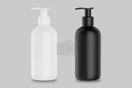 Schwarz-weiße Kosmetikflasche für Flüssigseife, Shampoo, Haarspülung und Balsam, Duschgel, Desinfektionsmittel. Pumpflaschenattrappe isoliert über grauem Hintergrund. 3D-Darstellung.