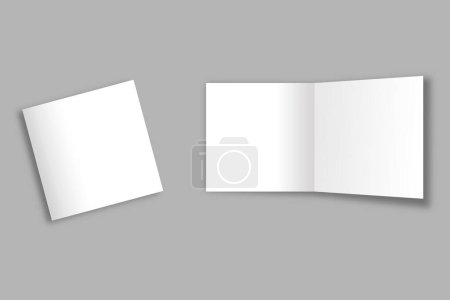 3D Horizontal Half-fold Blank White Broschüre Vorlage. Faltprospekt, Speisekarte, Faltblatt-Attrappe isoliert auf grauem Hintergrund. Gruß- oder Einladungskarte. 3D-Darstellung.