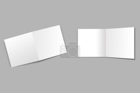 Plantilla de folleto blanco en blanco en blanco semiplegable horizontal 3D. Folleto bifold, menú, maqueta de folletos aislado sobre un fondo gris. Tarjeta de felicitación o invitación. renderizado 3d.
