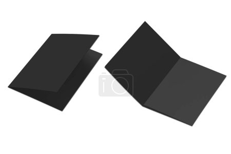 Modèle pliable noir brochure maquette. Couverture avant et dépliant ouvert bifold maquette isolée sur fond blanc. Modèle d'accueil, d'invitation ou de maquette de carte d'accueil.rendu 3d.