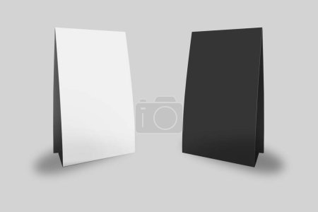 Weißer und schwarzer Tischkalender, Tischzelt-Attrappe isoliert auf einem Hintergrund. Stehende, leere Werbebanner für Restaurants. 3D-Darstellung.
