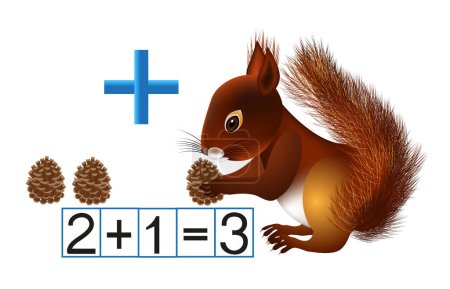 Ilustración de Mathematics familiarity with the plus sign addition with a squirrel on a white background. - Imagen libre de derechos
