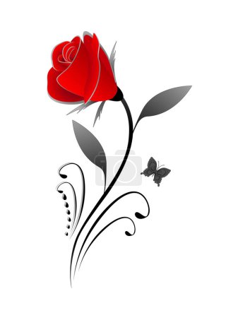 Ilustración de Rosa roja con hojas negras y una mariposa sobre fondo blanco. - Imagen libre de derechos