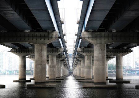 Photo for Seoul, South Korea - May 2019: Concrete pillars and bridge pier of Mapo Bridge on Han River Yeouido, Yeongdeungpo-gu - Royalty Free Image