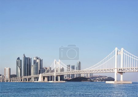 Photo for Busan, South Korea - May 2019: Marina city skyscrapers with Gwangan bridge in Haeundae - Royalty Free Image