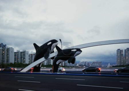 Photo for Busan, South Korea - May 2019: Two whale statue on a highway bridge - Royalty Free Image
