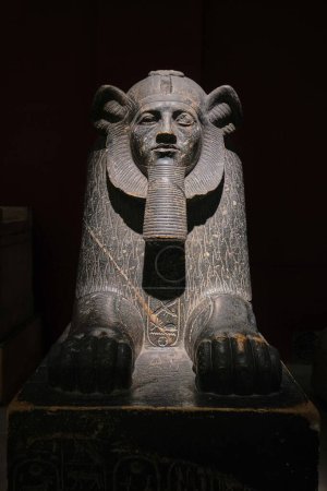 Téléchargez les photos : Le Caire, Égypte - 2 janvier 2024 : Statue du sphinx hyksos du roi Amenemhat III au Musée égyptien, Art égyptien antique - en image libre de droit