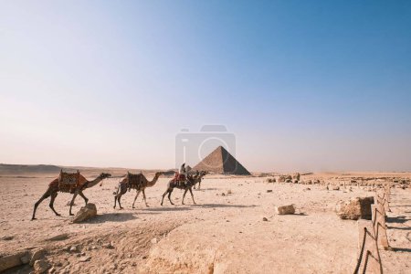 Foto de Giza, Egipto - 24 de diciembre de 2023: La Pirámide de Menkaure, la más pequeña de las tres pirámides de la meseta de Giza y los camellos, El Cairo - Imagen libre de derechos