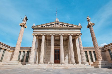 Photo for Athens, Greece - March 03, 2024: Architectural details of Academy of Athens, on the columns are goddess Athena and Apollo - Royalty Free Image