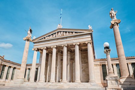 Photo for Athens, Greece - March 03, 2024: Architectural details of Academy of Athens, on the columns are goddess Athena and Apollo - Royalty Free Image