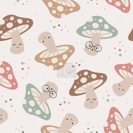 Téléchargez les photos : Cute Kawaii Hand Drawn Seamless vector pattern with mushrooms. Cute drawing doodle cartoon characters.Design for scrapbooking, paper goods, background, wallpaper, fabric and all your creative project. - en image libre de droit