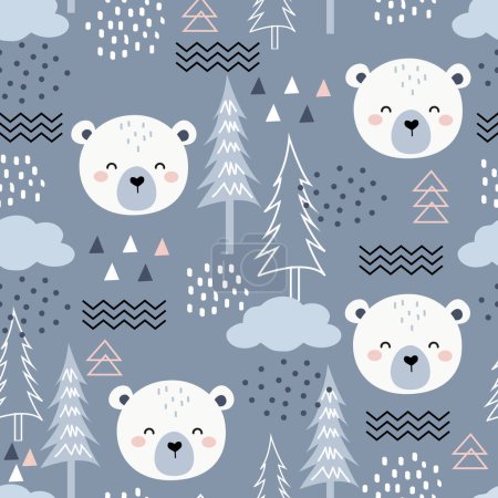 Téléchargez les illustrations : Cute Seamless Vector Pattern with Polar Bear. Childish Cartoon Animals Background. design for fabric, wrapping, textile, wallpaper, apparel - en licence libre de droit