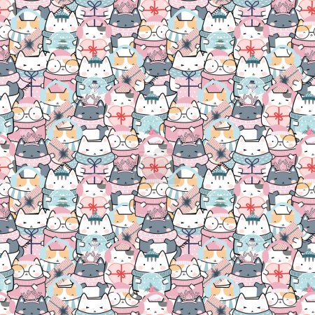 Ilustración de Seamless Pattern Kawaii Winter Cute Cats - small size, Cartoon Animals Background, Vector Illustration - Imagen libre de derechos