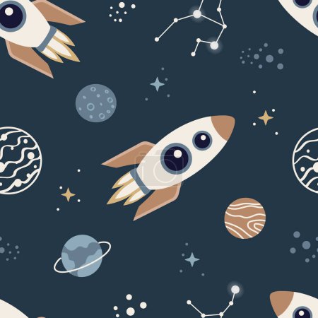 Seamless pattern with rocket, planets, zodiac sign and stars. Cartoon spaceship. Galaxy print for, wallpaper, wrapping, printing, fabric, nursery, textile and more . Hand drawn illustration.