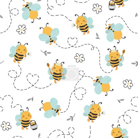 Téléchargez les photos : Modèle sans couture avec volant mignon abeille et fleur de gribouillage, Cartoon Animals fond, Conception pour vêtements de bébé, t-shirts, emballage, tissu, textiles et plus - en image libre de droit
